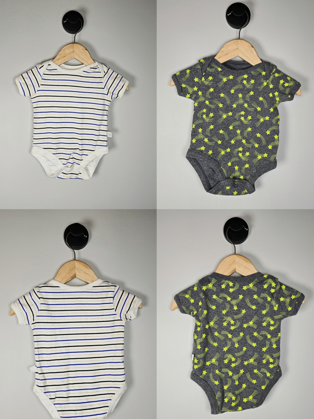 Rosie Pope Striped White/Blue and Gray/Neon Star Baby One-Piece Set Cotton